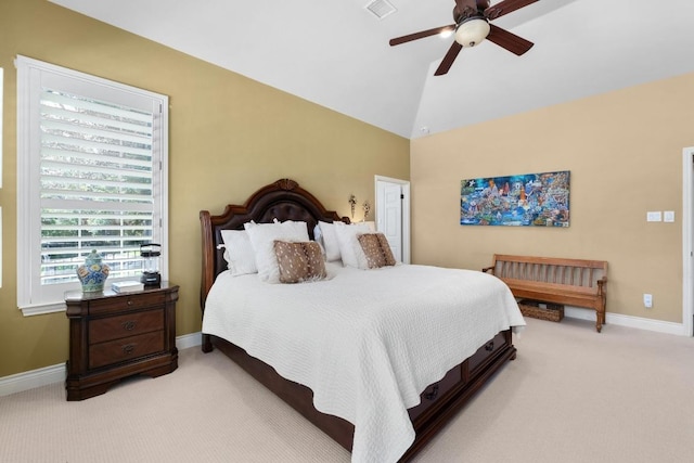9201 Silver Pine Cv, Austin, TX 78733 - bedroom featuring light carpet, vaulted ceiling, baseboards, and ceiling fan