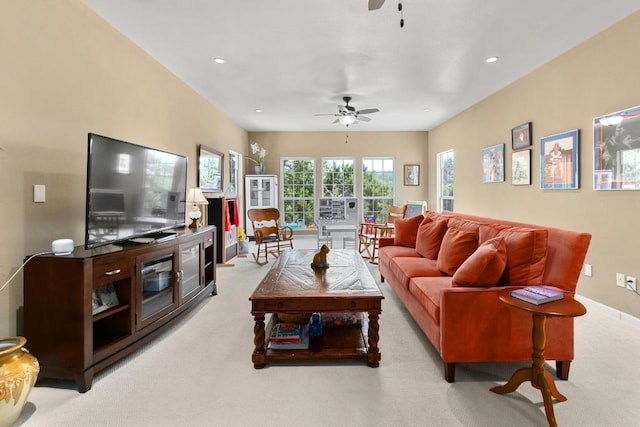 9201 Silver Pine Cv, Austin, TX 78733 - living area featuring ceiling fan, carpet flooring, recessed lighting, and baseboards