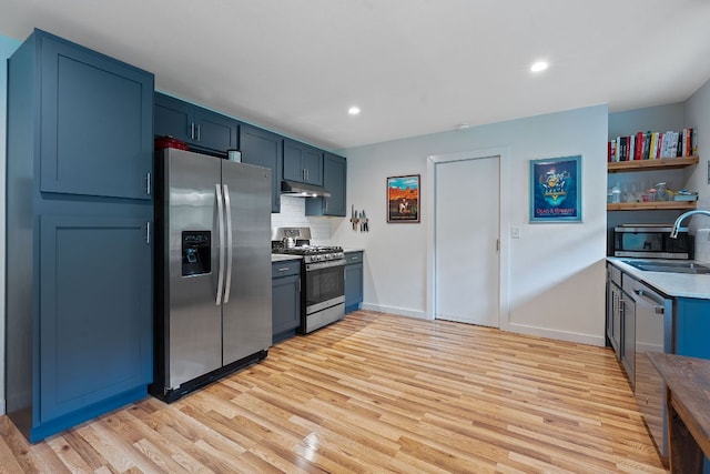 2612 Baxter Dr, Austin, TX 78745 - kitchen featuring stainless steel appliances, under cabinet range hood, light wood-style flooring, open shelves, and tasteful backsplash