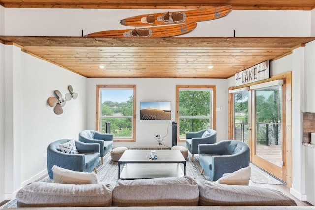 913 Lake Shore Dr, Spicewood, TX 78669 - living area featuring wooden ceiling, healthy amount of natural light, baseboards, and wood finished floors