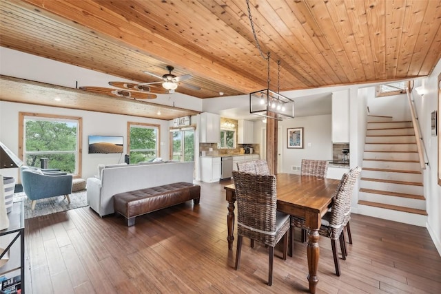 913 Lake Shore Dr, Spicewood, TX 78669 - dining area featuring stairs, hardwood / wood-style flooring, wood ceiling, and a ceiling fan