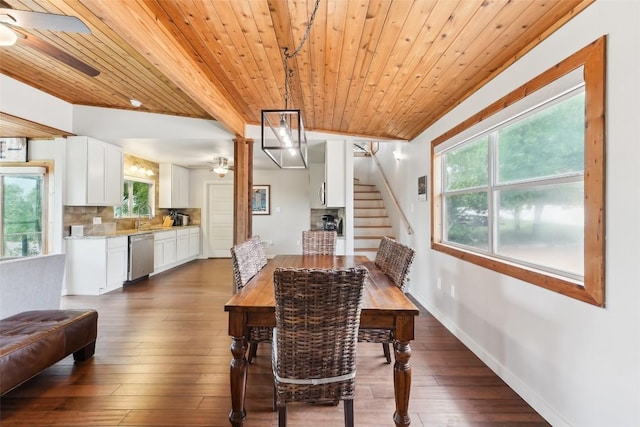 913 Lake Shore Dr, Spicewood, TX 78669 - dining area with ceiling fan, wooden ceiling with exposed beams, stairway, dark wood finished floors, and baseboards