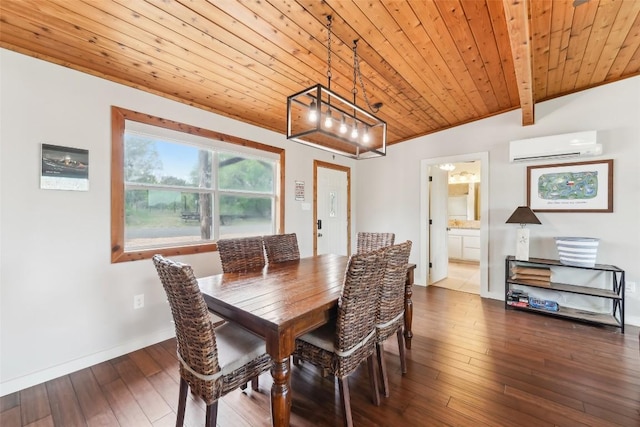 913 Lake Shore Dr, Spicewood, TX 78669 - dining space featuring a wall unit AC, wood ceiling, dark wood finished floors, and baseboards
