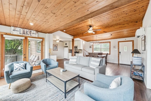 living room with ceiling fan, a wall mounted AC, dark wood-style flooring, wood ceiling, and baseboards