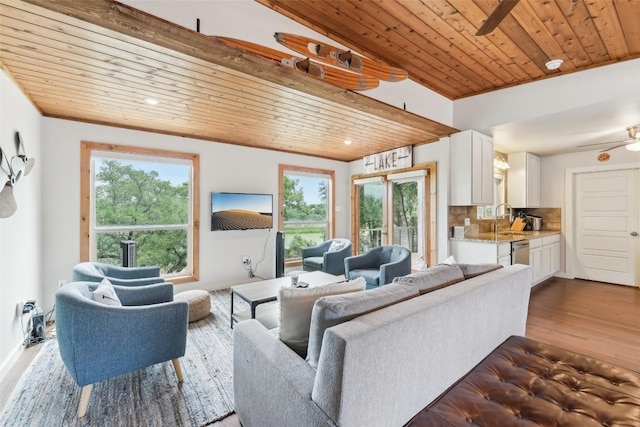 913 Lake Shore Dr, Spicewood, TX 78669 - living area with wooden ceiling, a ceiling fan, wood finished floors, and recessed lighting