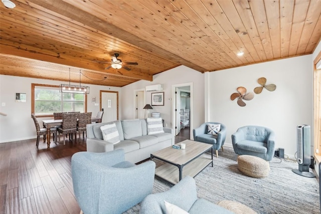 913 Lake Shore Dr, Spicewood, TX 78669 - living room featuring wooden ceiling, an AC wall unit, wood finished floors, a ceiling fan, and baseboards