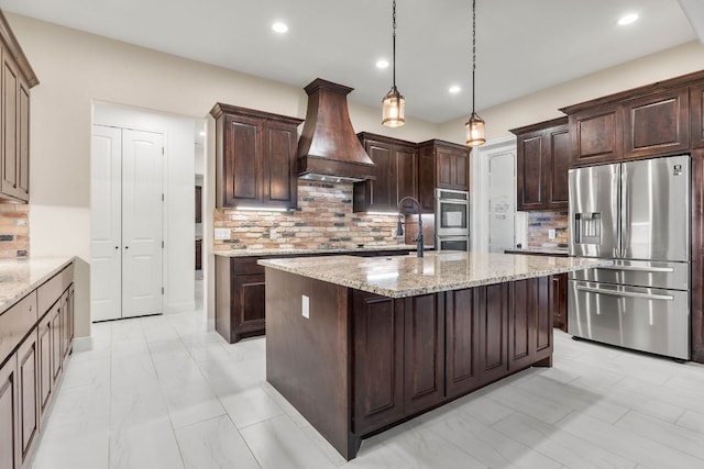 479 Brown Rd, Mcdade, TX 78650 - kitchen featuring appliances with stainless steel finishes, custom exhaust hood, dark brown cabinets, decorative backsplash, and recessed lighting