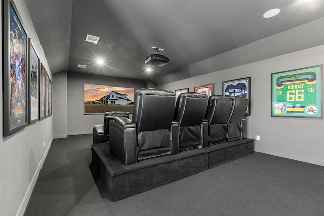 479 Brown Rd, Mcdade, TX 78650 - carpeted home theater featuring vaulted ceiling, baseboards, and recessed lighting