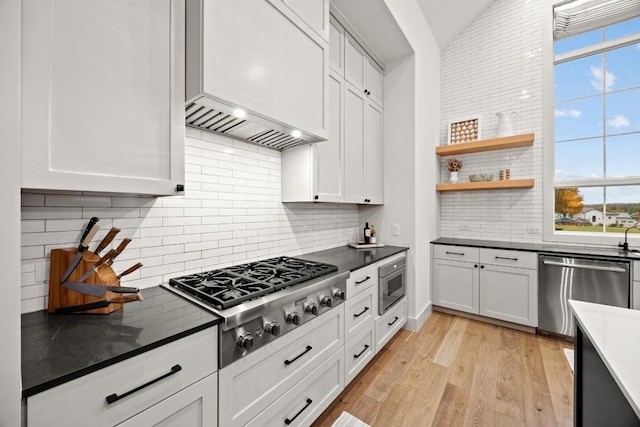 kitchen with stainless steel appliances, premium range hood, dark countertops, decorative backsplash, and vaulted ceiling