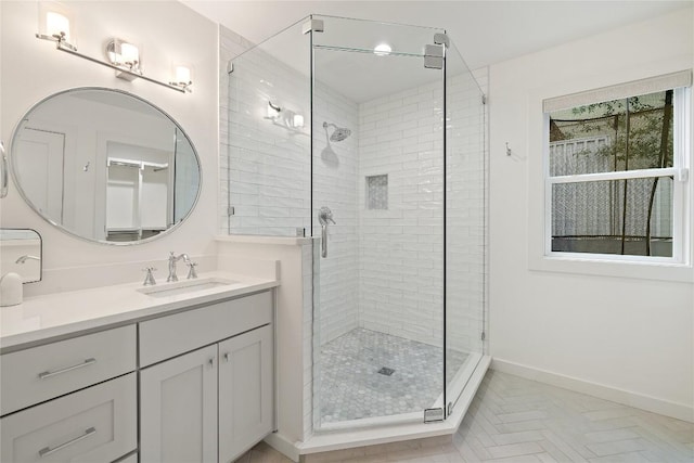 3115 Thousand Oaks Dr, Austin, TX 78746 - full bath featuring a shower stall, vanity, and baseboards