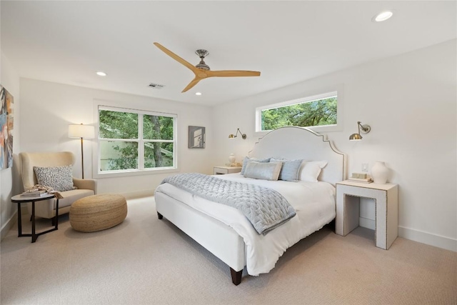 3115 Thousand Oaks Dr, Austin, TX 78746 - bedroom featuring baseboards, recessed lighting, light colored carpet, and ceiling fan