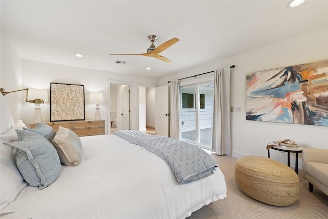3115 Thousand Oaks Dr, Austin, TX 78746 - bedroom featuring access to exterior, carpet, recessed lighting, a ceiling fan, and baseboards