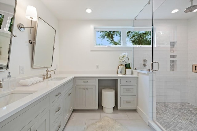 3115 Thousand Oaks Dr, Austin, TX 78746 - full bathroom with a stall shower, tile patterned floors, double vanity, and recessed lighting