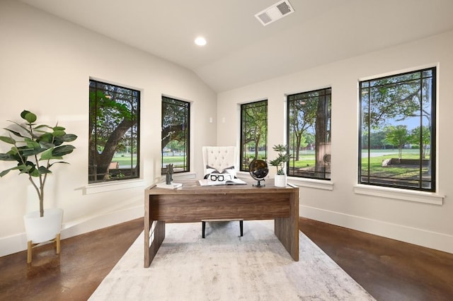 209 Ridge View Dr, Georgetown, TX 78628 - home office with baseboards, concrete flooring, plenty of natural light, lofted ceiling, and recessed lighting