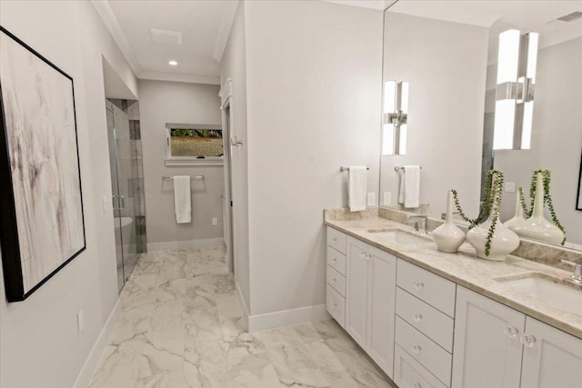 2625 Exposition Blvd, Austin, TX 78703 - bathroom with double vanity, marble look tiles, a shower stall, baseboards, and ornamental molding