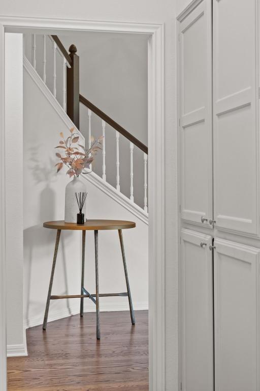 6304 John Chisum Ln, Austin, TX 78749 - stairway featuring wood finished floors and baseboards