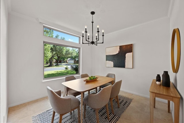 6304 John Chisum Ln, Austin, TX 78749 - dining area featuring a chandelier, crown molding, light tile patterned flooring, and baseboards