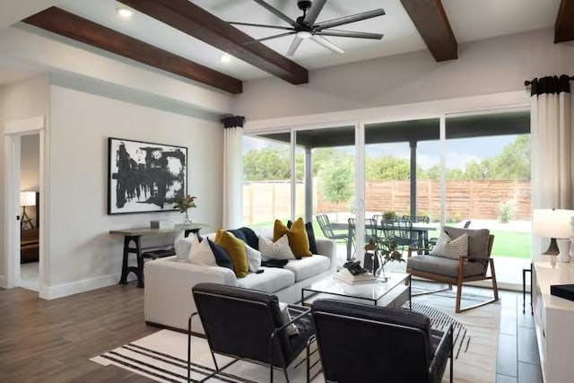 237 Regatta Trl, Leander, TX 78641 - living room with beam ceiling, baseboards, wood finished floors, and a ceiling fan