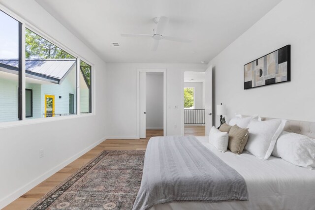 2903 Breeze Ter Unit 1, Austin, TX 78722 - bedroom featuring multiple windows, light wood-style floors, baseboards, and a ceiling fan
