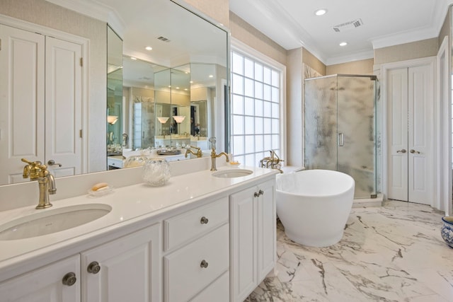 124 Florentine, Horseshoe Bay, TX 78657 - full bathroom featuring crown molding, a stall shower, double vanity, marble finish flooring, and recessed lighting