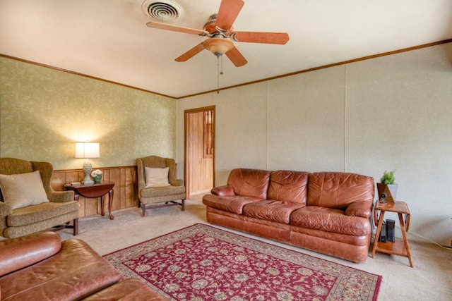 508 Lee St N, Round Rock, TX 78664 - carpeted living room featuring ceiling fan and crown molding