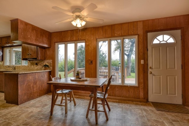 508 Lee St N, Round Rock, TX 78664 - dining area with wooden walls, a ceiling fan, and plenty of natural light