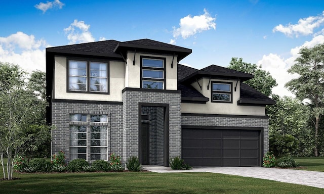 view of front facade featuring stucco siding, brick siding, a garage, a front lawn, and decorative driveway