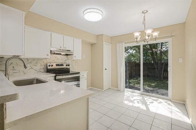 10400 Burmaster Ln Unit A, Austin, TX 78750 - kitchen featuring stainless steel electric range, a sink, tasteful backsplash, light tile patterned floors, and a chandelier