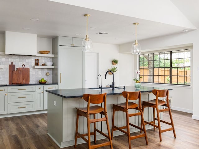 2300 Toulouse Dr, Austin, TX 78748 - kitchen featuring open shelves, dark countertops, decorative backsplash, dark wood finished floors, and recessed lighting