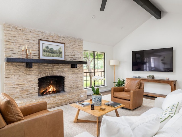 2300 Toulouse Dr, Austin, TX 78748 - living area with a stone fireplace, beamed ceiling, a ceiling fan, high vaulted ceiling, and wood finished floors