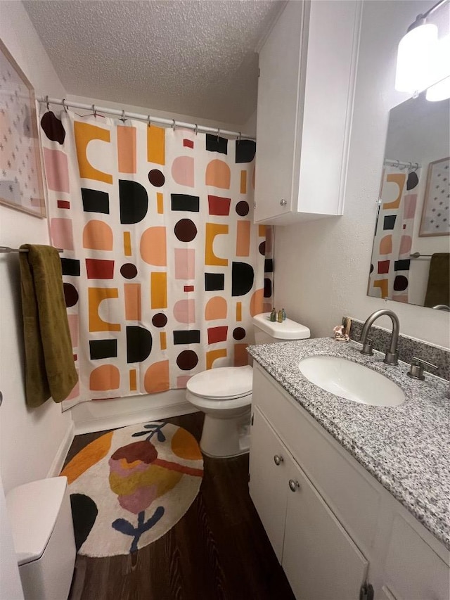 4701 Red River St Unit 104, Austin, TX 78751 - bathroom with vanity, a textured ceiling, wood finished floors, and a shower with shower curtain