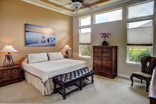 15208 Origins Ln, Austin, TX 78734 - bedroom featuring light colored carpet, crown molding, multiple windows, baseboards, and a ceiling fan