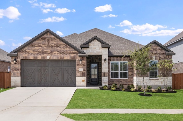 114 Nandina Path, Bastrop, TX 78602 - french country style house featuring brick siding, stone siding, an attached garage, a shingled roof, and driveway