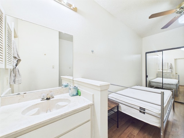 2905 Swisher St Unit 205, Austin, TX 78705 - bathroom with a ceiling fan, wood finished floors, vanity, and vaulted ceiling