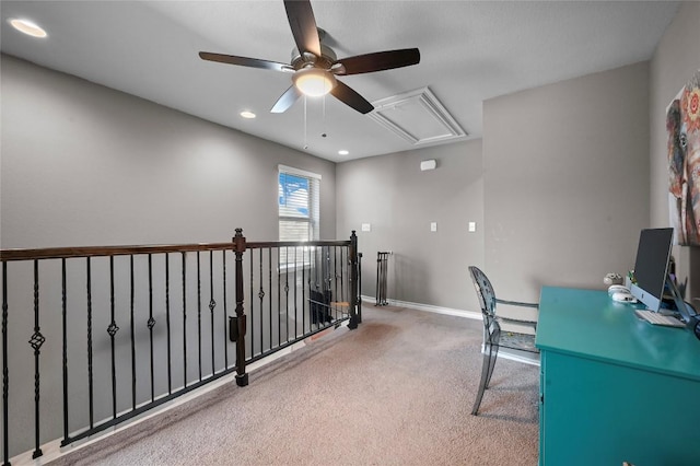 160 Thornless Cir, Buda, TX 78610 - carpeted office with attic access, ceiling fan, baseboards, and recessed lighting