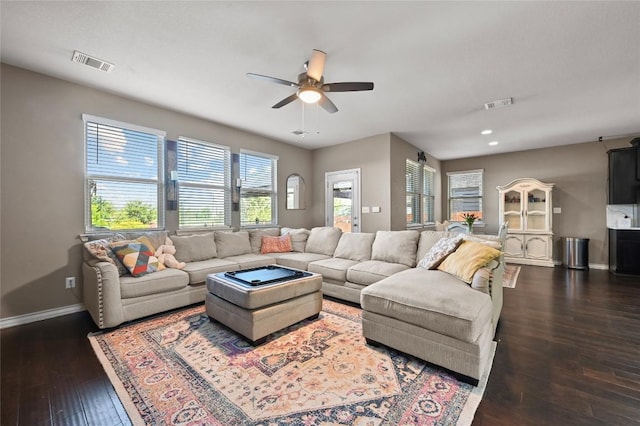 160 Thornless Cir, Buda, TX 78610 - living room with baseboards, ceiling fan, hardwood / wood-style floors, and recessed lighting