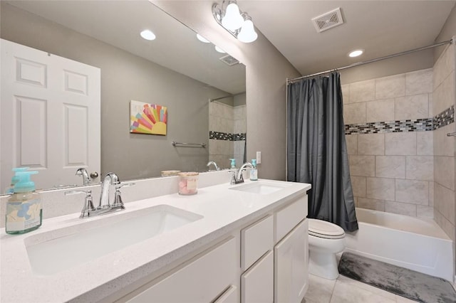 160 Thornless Cir, Buda, TX 78610 - full bathroom with tile patterned flooring, toilet, shower / bath combination with curtain, double vanity, and recessed lighting