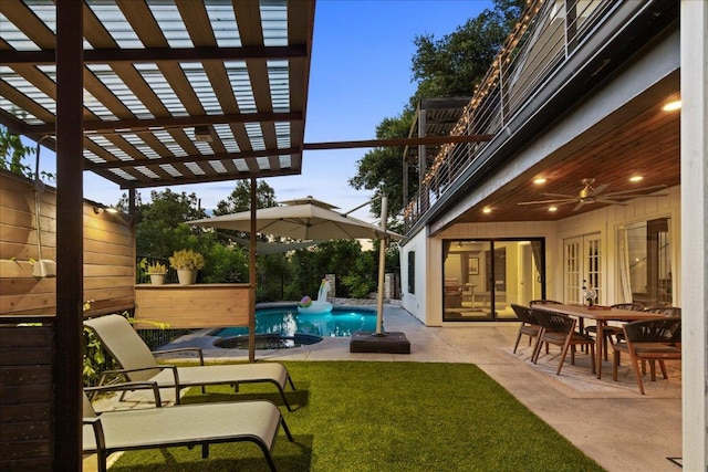 909 Electra, Lakeway, TX 78734 - view of patio / terrace featuring a pergola, french doors, and ceiling fan