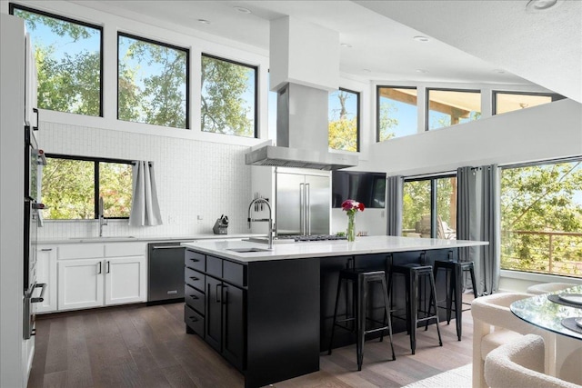 909 Electra, Lakeway, TX 78734 - kitchen with appliances with stainless steel finishes, a sink, light countertops, wall chimney exhaust hood, and dark wood-type flooring
