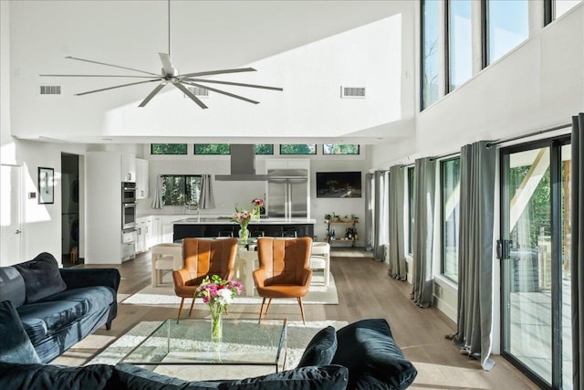 909 Electra, Lakeway, TX 78734 - living area featuring plenty of natural light, a towering ceiling, stacked washer / drying machine, a ceiling fan, and light wood-style flooring