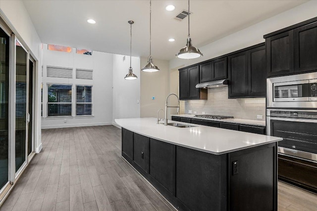 301 Jeffrey David Ln W, Austin, TX 78717 - kitchen featuring appliances with stainless steel finishes, dark cabinets, light countertops, tasteful backsplash, and light wood-style flooring