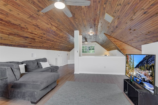 108 Tumbleweed Trl, Austin, TX 78733 - living area featuring ceiling fan, wood ceiling, wood finished floors, baseboards, and vaulted ceiling