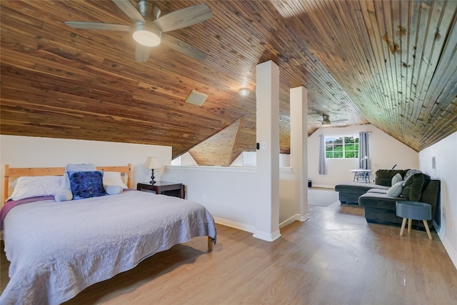 108 Tumbleweed Trl, Austin, TX 78733 - bedroom with wooden ceiling, baseboards, wood finished floors, vaulted ceiling, and a ceiling fan