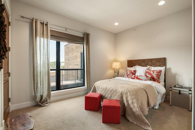 bedroom with carpet flooring, recessed lighting, and baseboards