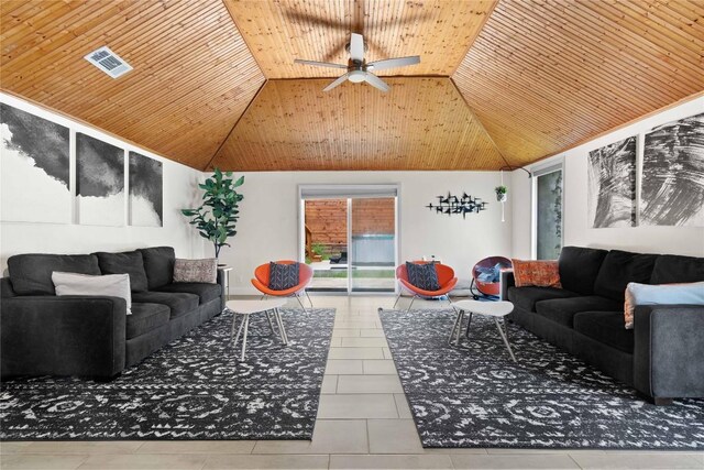 2106 Kenwood Ave, Austin, TX 78704 - living room featuring wooden ceiling, ceiling fan, tile patterned flooring, and high vaulted ceiling