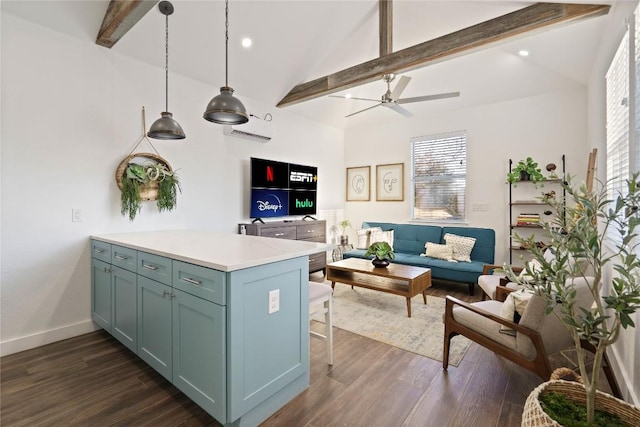 2106 Kenwood Ave, Austin, TX 78704 - kitchen with open floor plan, dark wood finished floors, light countertops, a ceiling fan, and recessed lighting