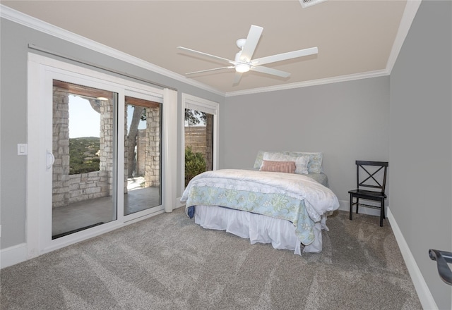 3005 Brass Buttons Trl, Austin, TX 78734 - bedroom featuring carpet, access to outside, crown molding, baseboards, and a ceiling fan