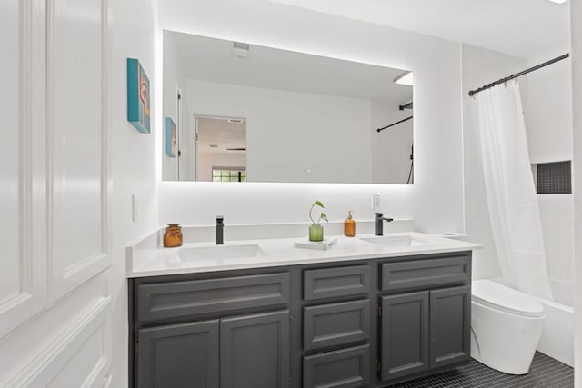 14406 Tucumcari Trl, Austin, TX 78734 - bathroom featuring double vanity, toilet, tile patterned flooring, and shower / tub combo with curtain