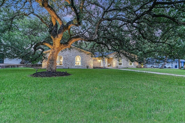 ranch-style house featuring stone siding and a front lawn