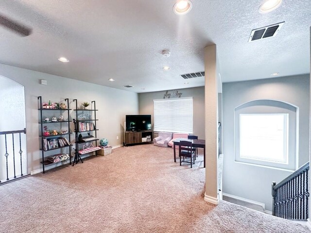 3119 Brand Iron Dr, San Marcos, TX 78666 - carpeted living area featuring arched walkways, a textured ceiling, baseboards, and recessed lighting